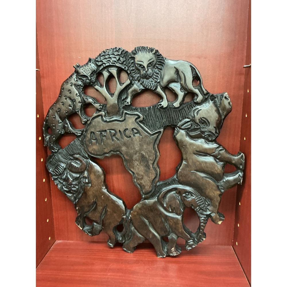 Hand Carved Wood Africa Big Five Safari Animals Wall Plaque Relief 12" Brown